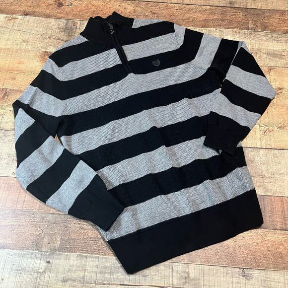 Chaps Men's Black Gray Stripe 100% Cotton 1/4 Zip Sweater Sz S Classic - Picture 1 of 4